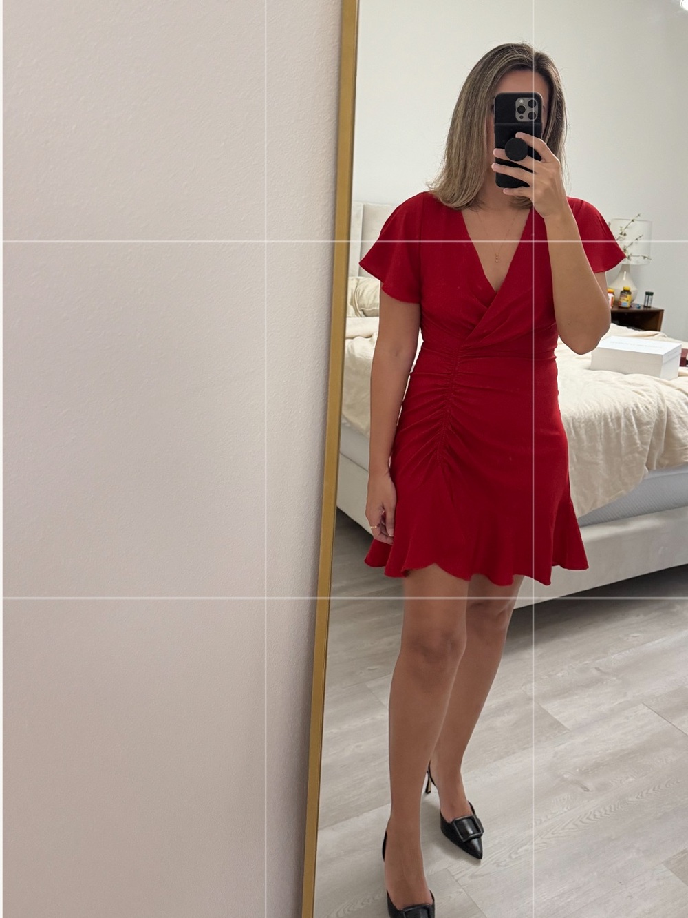 Express Elegant Red V-Neck Ruched Mini Dress- Used Once